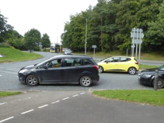 Crossing the A691, Southfield Way, at the Sniperley roundabout