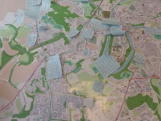Map of Durham with post-it notes describing problems people encounter when walking or cycling.